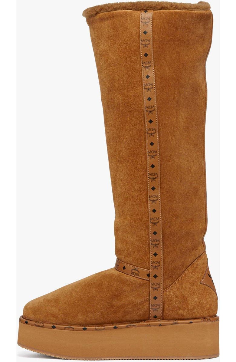 MCM Women's Boots in Calfskin Suede Leather, Alternate, color, Cognac