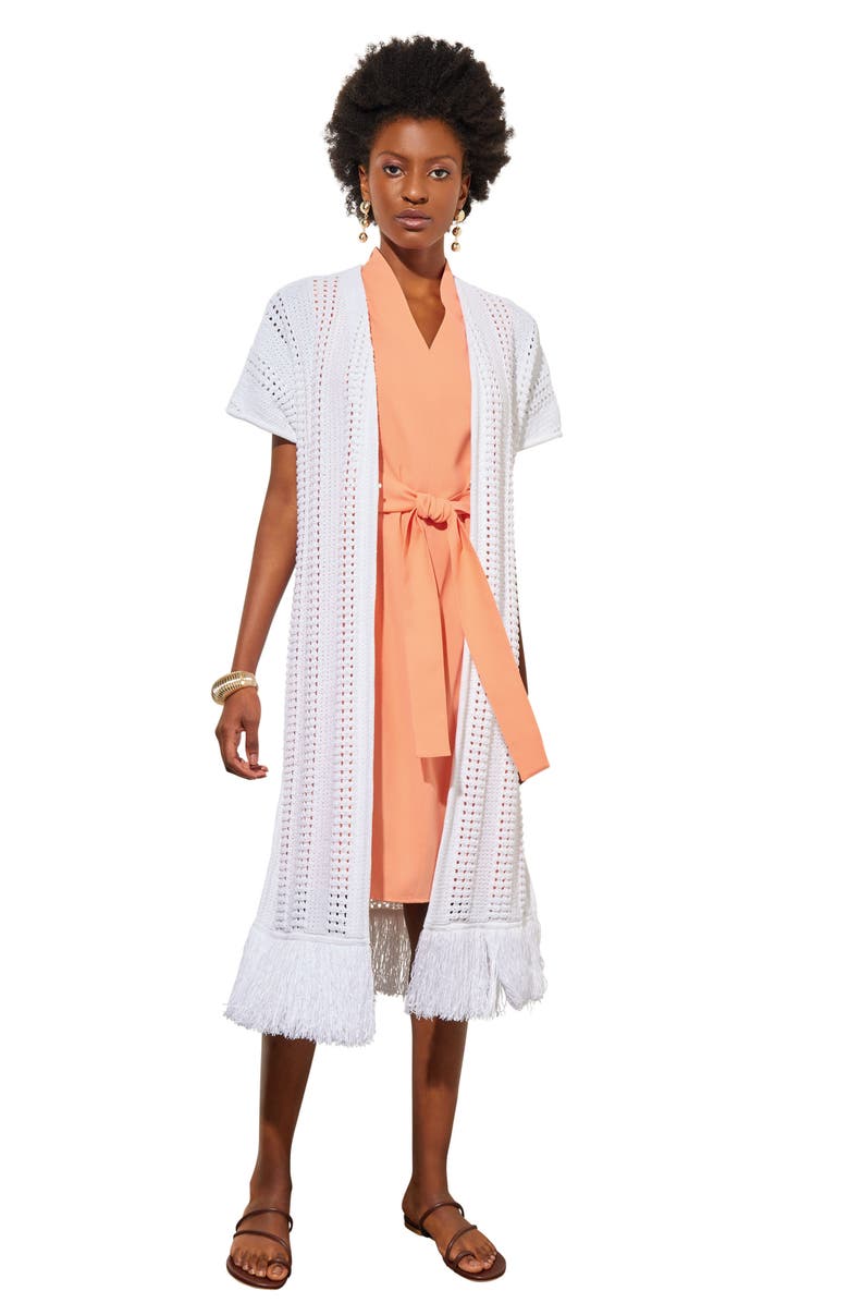 Ming Wang Fringe Trim Short Sleeve Knit Jacket, Alternate, color,