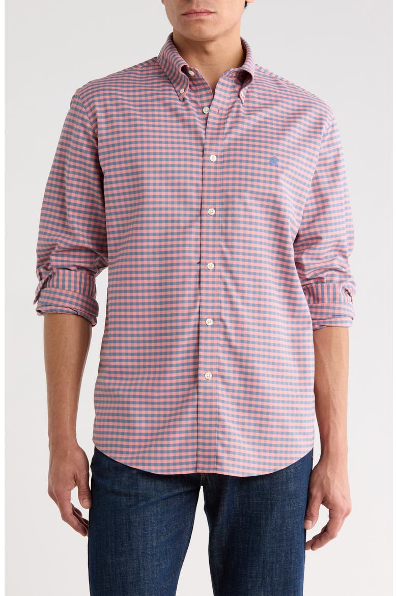 Regular Fit Gingham Stretch Cotton Oxford Button-Down Shirt, Main, color, BAROQUE/ NAVY