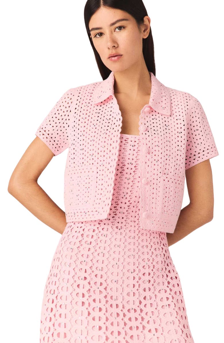 maje Rhinestone crochet cardigan, Main, color, Pink