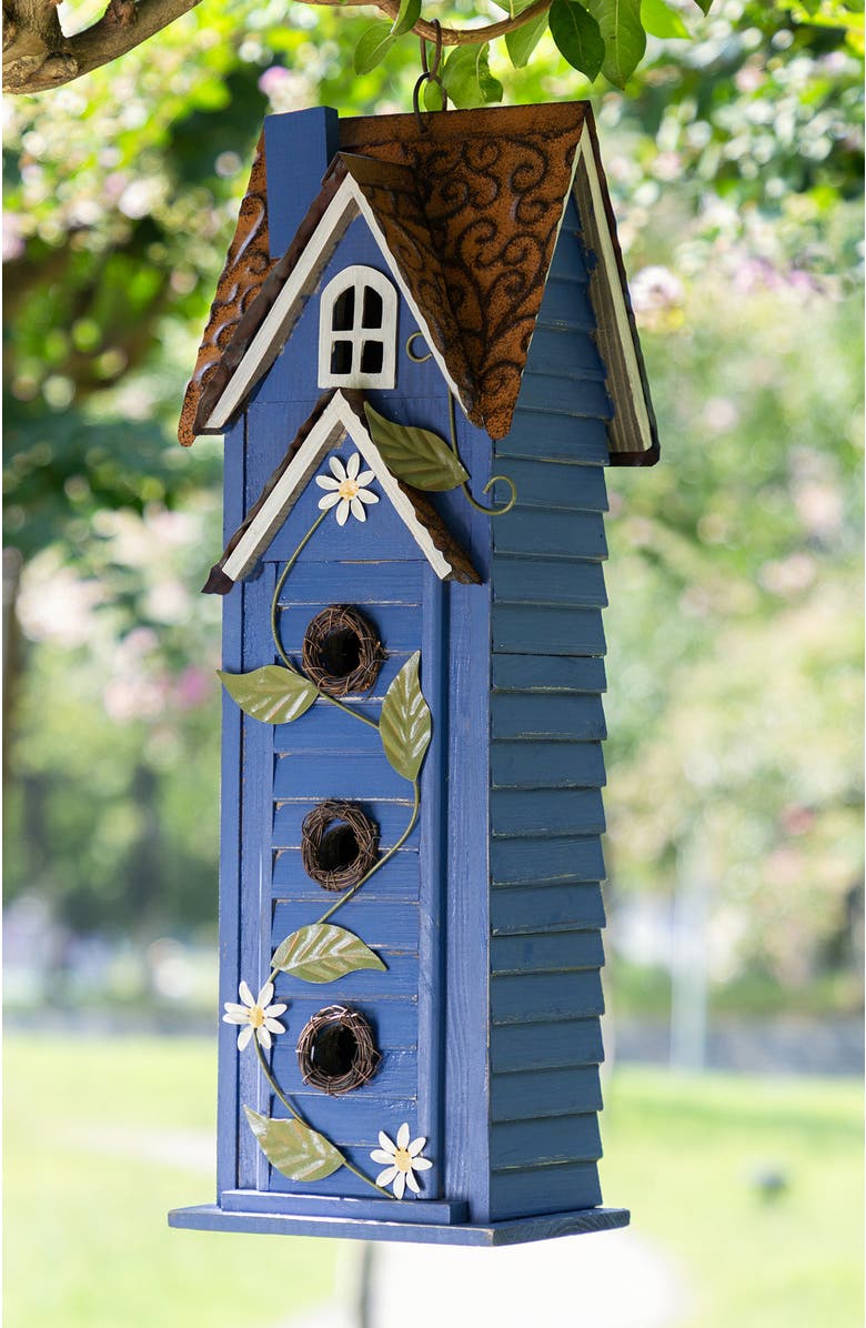 Glitzhome 24.25"H Oversized 3-Tiered Solid Wood Villa Decorative Outdoor Garden Birdhouse, Alternate, color, Blue