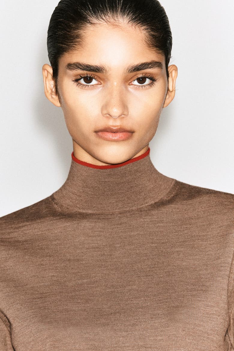 Merino Wool Turtleneck Top, Alternate, color, BEIGE MÉLANGE / RED