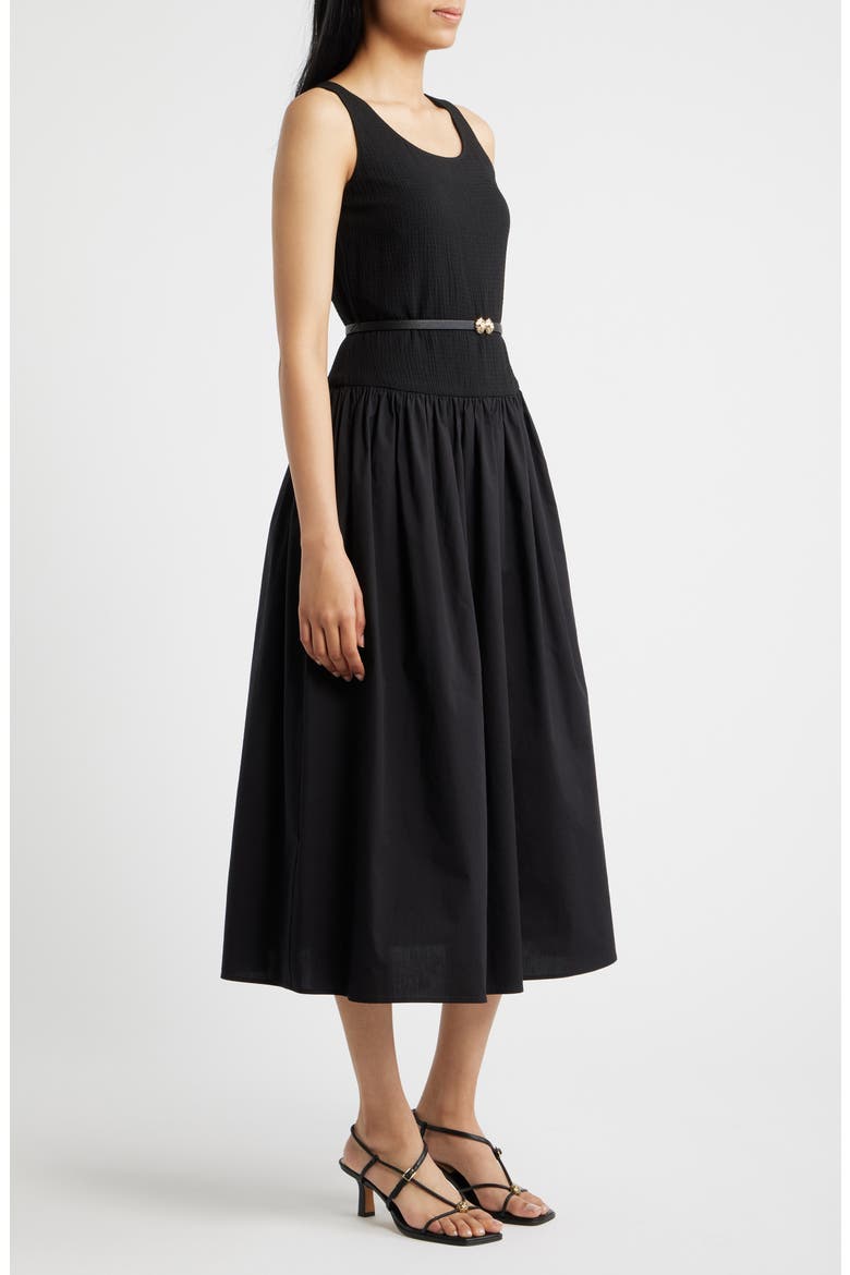 Sleeveless Mixed Media Midi Dress, Main, color, ANNE BLACK
