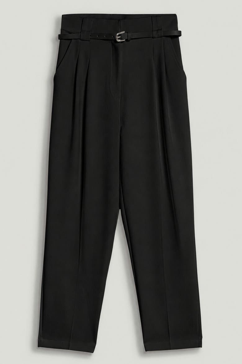 Belted Pleat Front Tapered Trousers, Main, color, Black