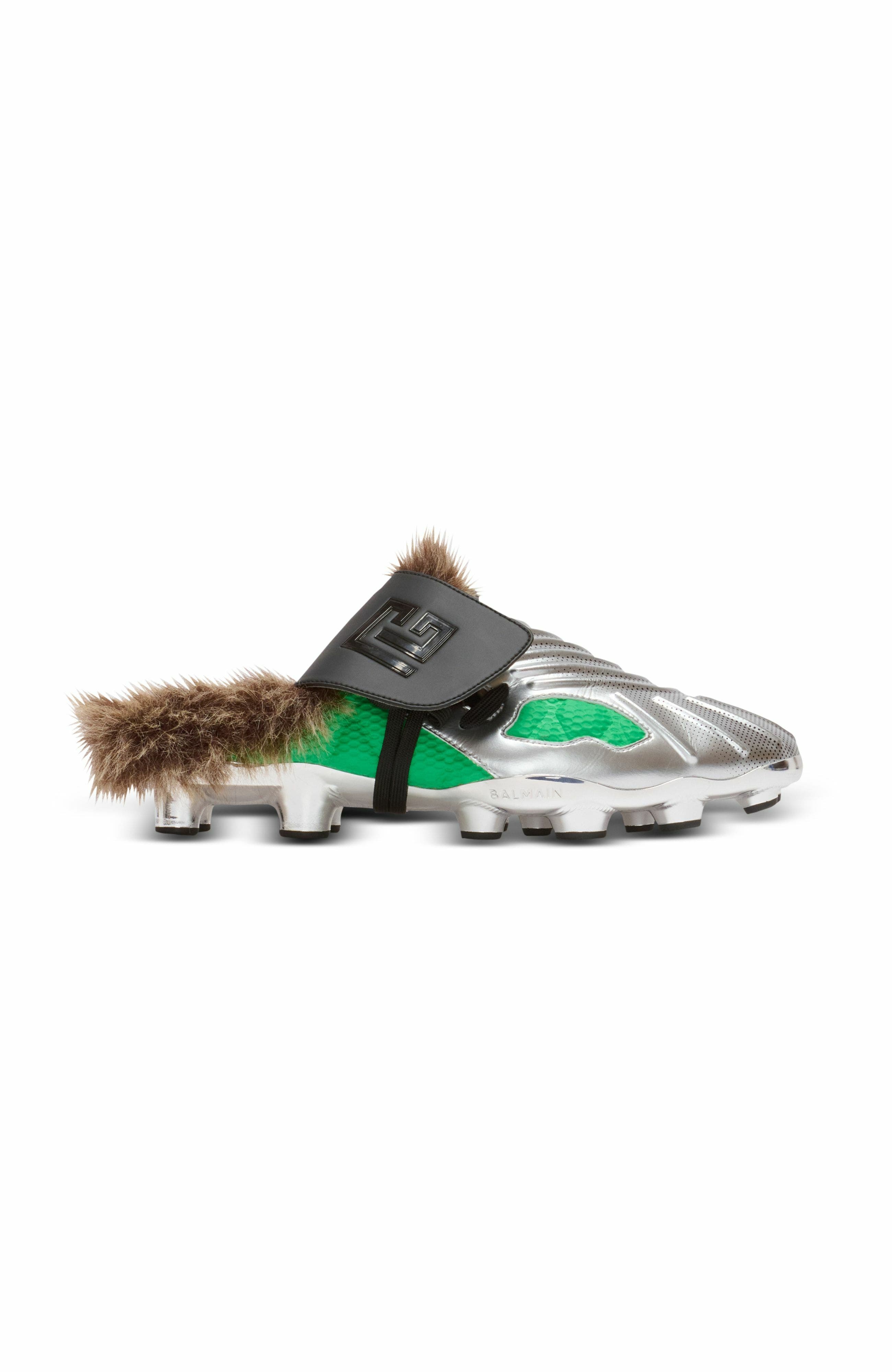 Balmain Half Time Faux Fur-Lined Mules With Technical Fabrics, Alternate, color, Green