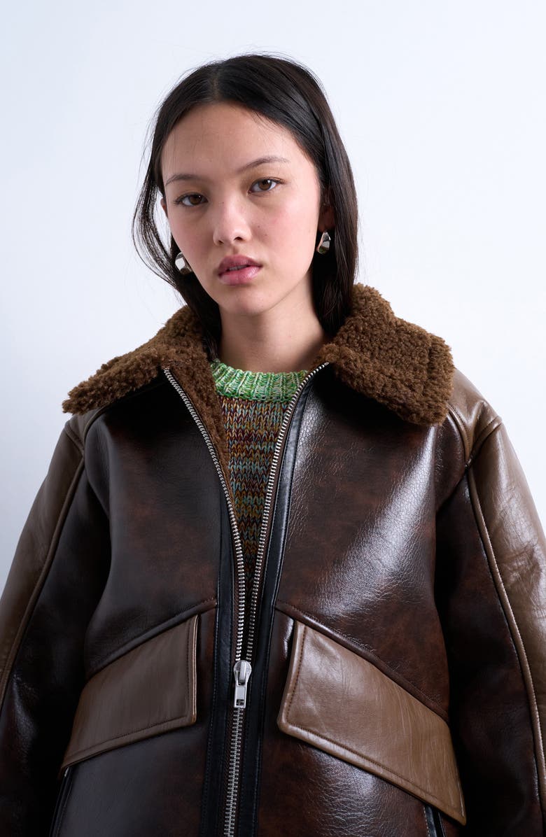 Topshop Faux Shearling & Faux Leather Patchwork Jacket, Alternate, color, Brown