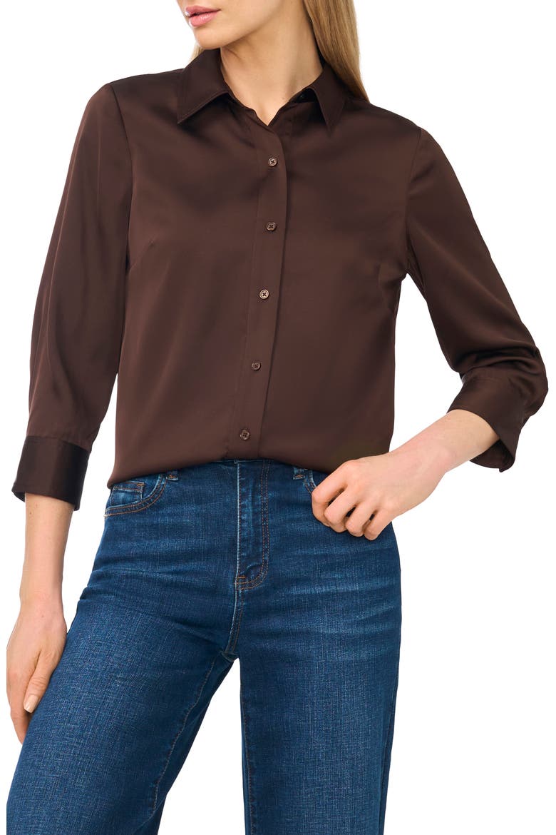 Button Front Satin Shirt, Main, color, COFFEE BEAN
