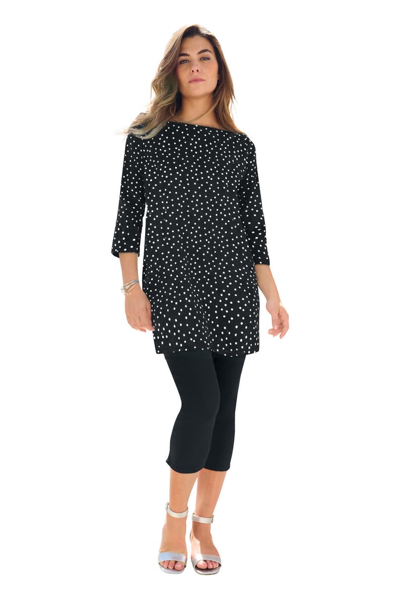Roaman's Plus Size Cotton Ultimate Boatneck Tunic with Side Slits, Main, color, Black Painted Dot