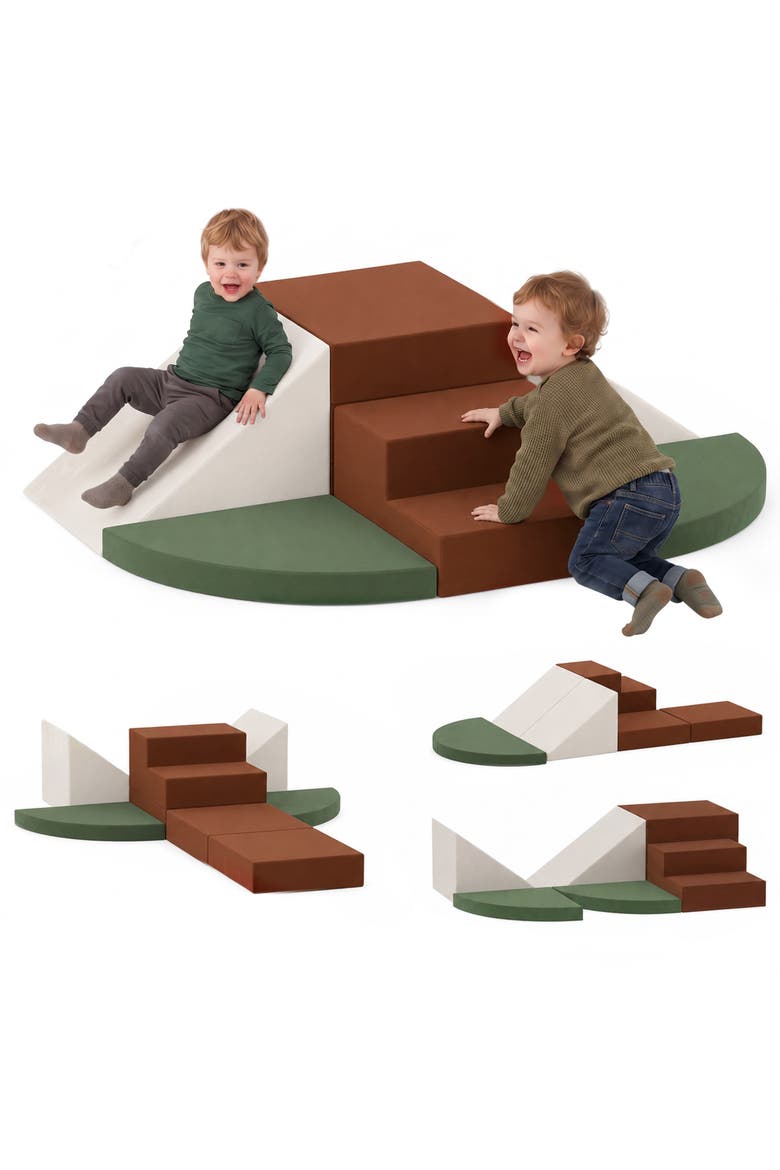 Toddlers Foam Climbing Blocks with Velvet Fabric, 8 Piece Baby Climbing Toys with 28D High-Density Foam, Non-Slip Design Brown, Main, color, Brown