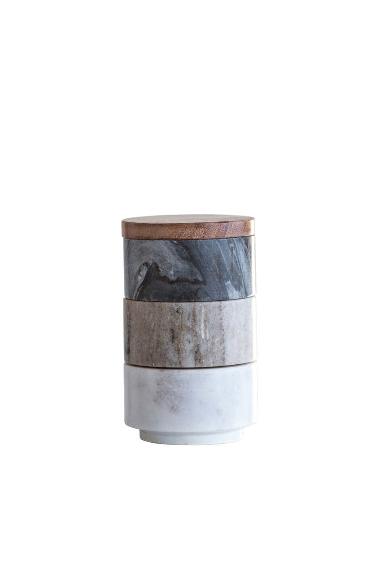Marble Stacking Pinch Pots with Acacia Wood Lid, Main, color, Grey