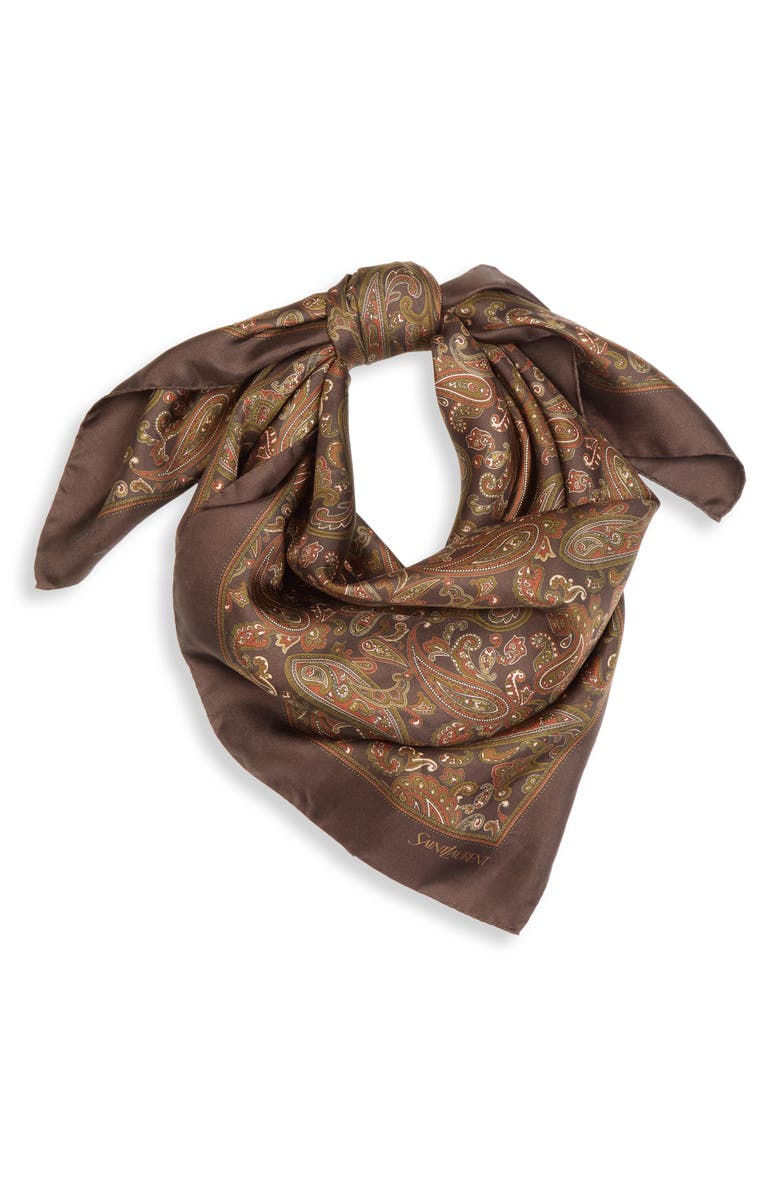 Saint Laurent Ornamental Paisley Silk Twill Square Scarf, Alternate, color, Brown/ Light Brown/ Gold