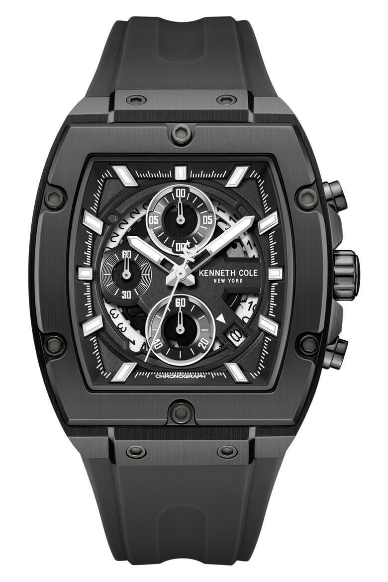 Sport Tonneau Chronograph Silicone Strap Watch, 44mm x 28mm, Main, color, BLACK