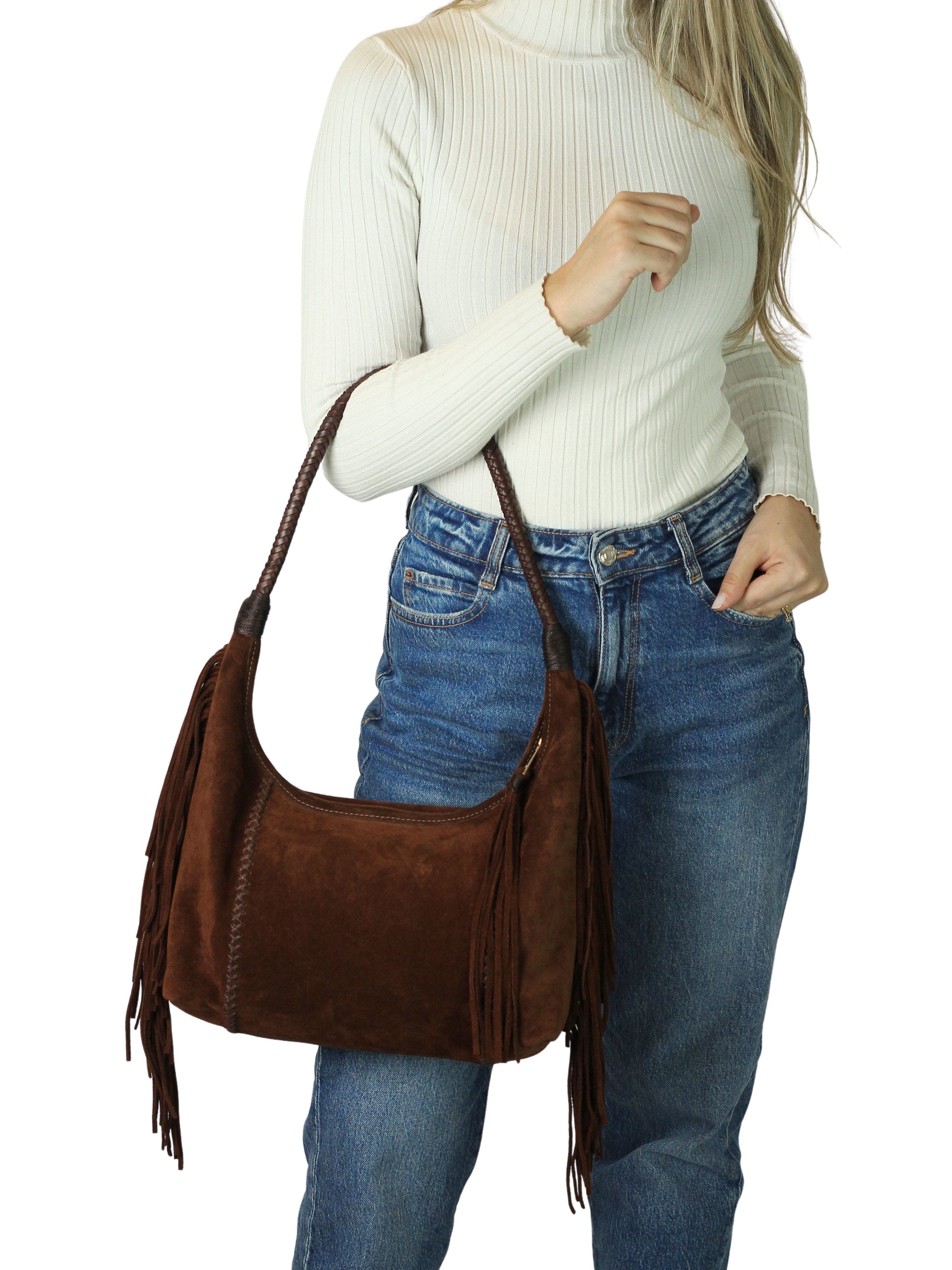 Carlos Falchi Fringe Suede Hobo Bag, Alternate, color, Cocoa