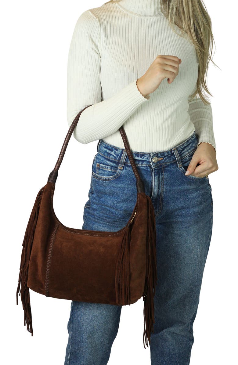 Carlos Falchi Fringe Suede Hobo Bag, Alternate, color, Cocoa