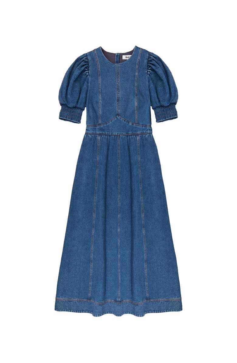 Ro&Zo Denim Short Puff Sleeve Midi Dress, Alternate, color, Blue