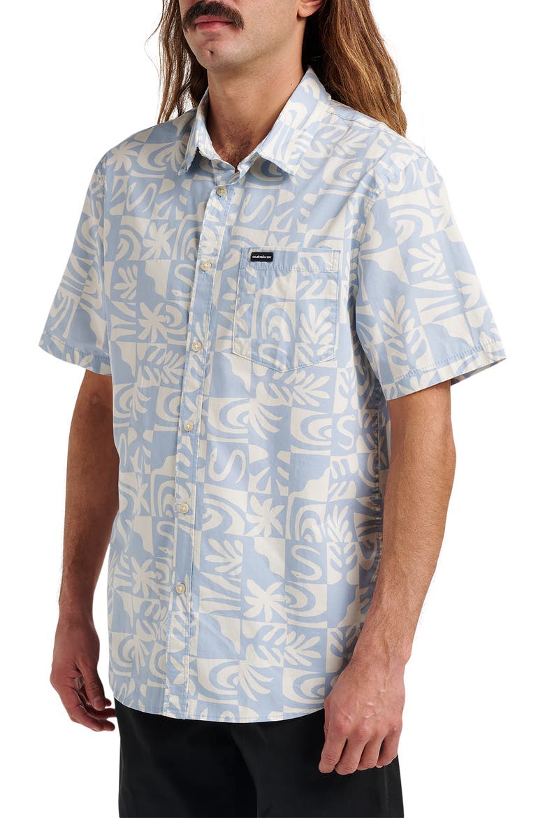 Terra Classic Abstract Print Short Sleeve Stretch Cotton Button-Up Shirt, Alternate, color, ASHLEY BLUE