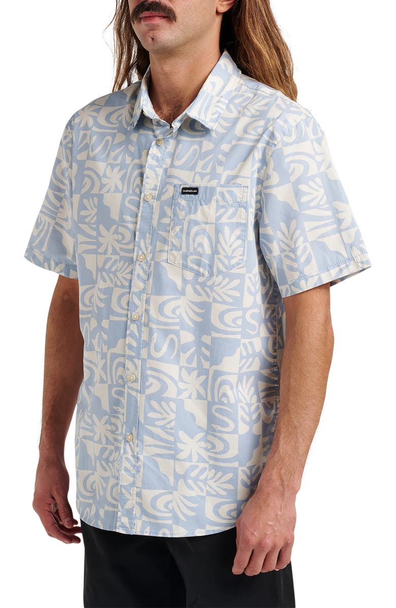 Quiksilver Terra Classic Abstract Print Short Sleeve Stretch Cotton Button-Up Shirt, Alternate, color, Ashley Blue