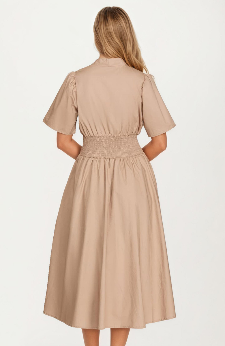 Knit and Lounge Zip-Front Smocked Waist Short Sleeve Midi Dress, Alternate, color,