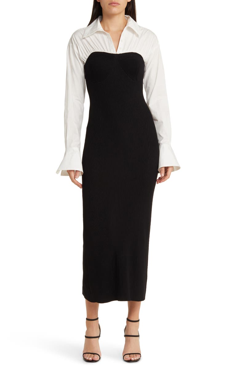 MOON RIVER Long Sleeve Mixed Media Midi Sweater Shirtdress, Main, color,