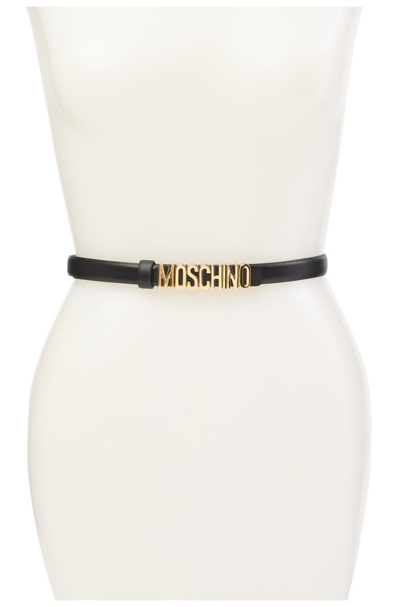Moschino Thin Leather Gold-Tone Logo Belt, Main, color,