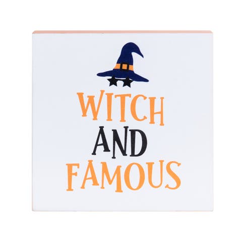 5" Witch Hat "Witch And Famous" Script Halloween Shelf Sitter Decoration