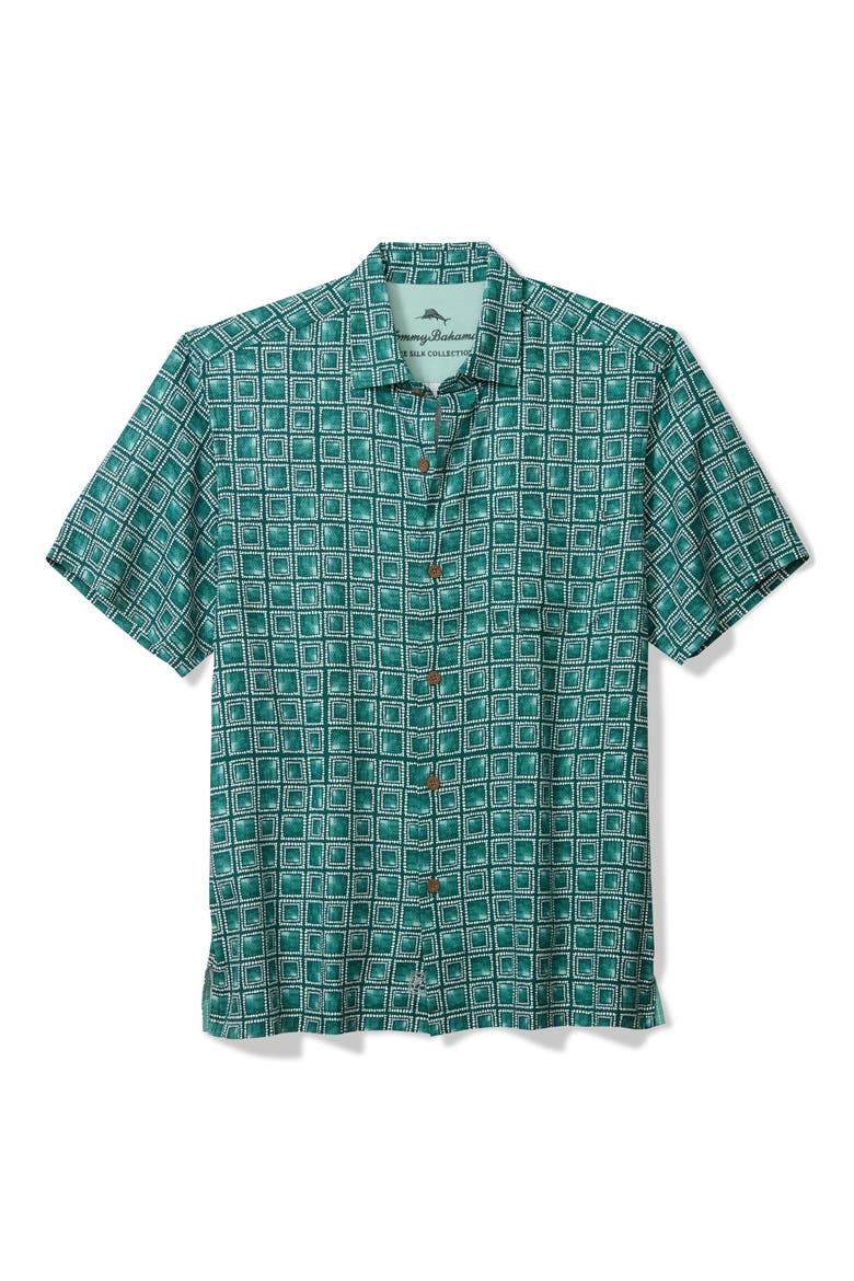 Torres Tiles Printed Silk Camp Shirt, Alternate, color, DEEP SEA TEAL