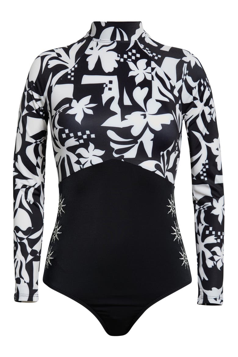 Topanga Geometric Print Embroidered Long Sleeve One-Piece Rashguard Swimsuit, Alternate, color, BLACK