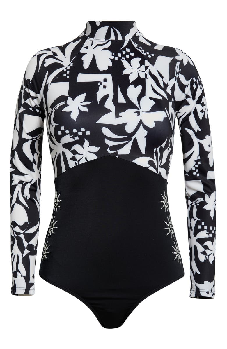 Rip Curl Topanga Geometric Print Embroidered Long Sleeve One-Piece Rashguard Swimsuit, Alternate, color, Black