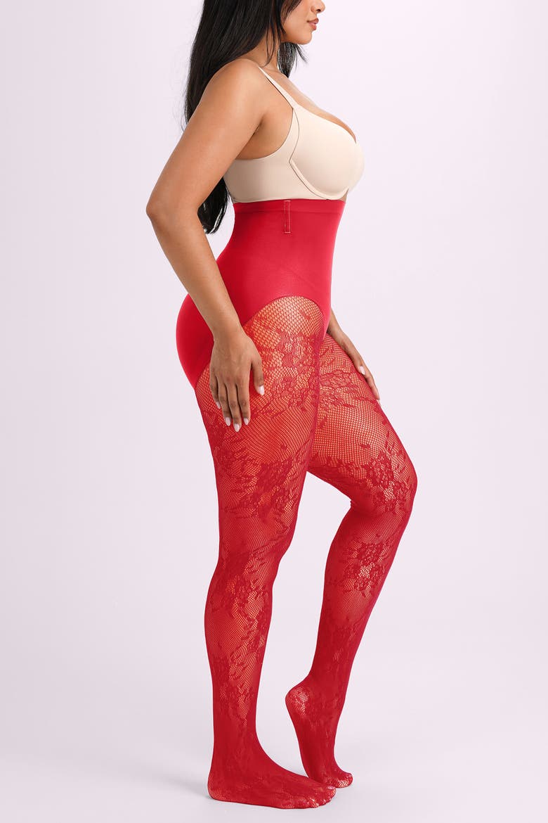 High Waist Floral Lace Tummy Smoothing Sheer Shaping Tights, Alternate, color, Red