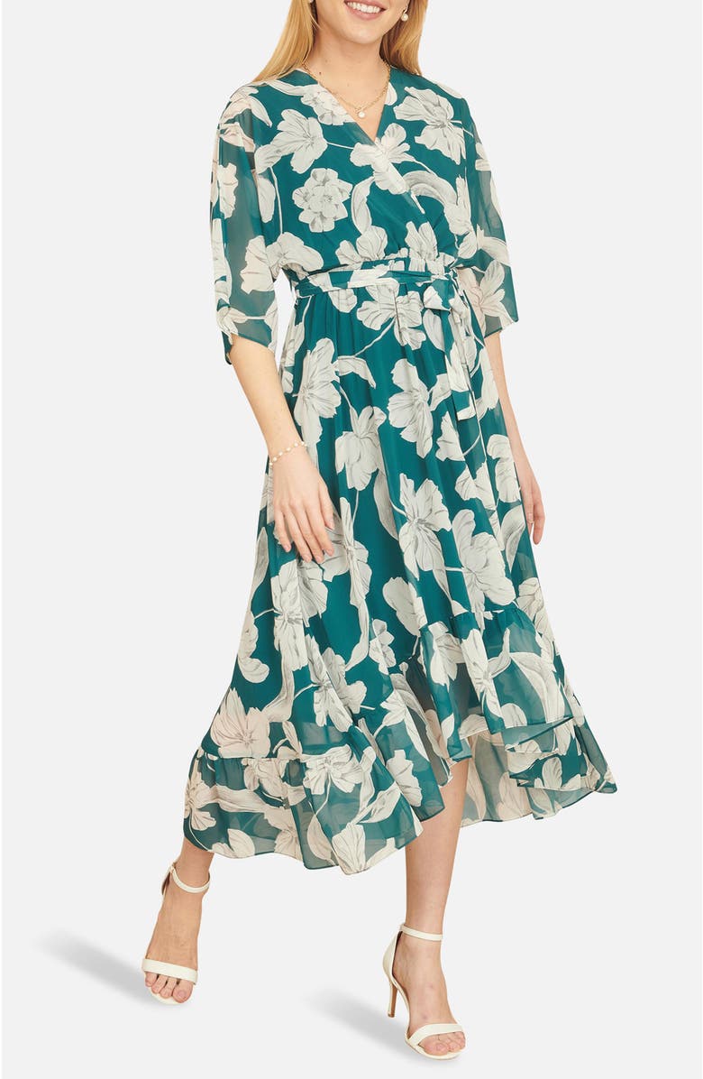 Yumi Midi Dip Hem Wrap Dress, Alternate, color, Green