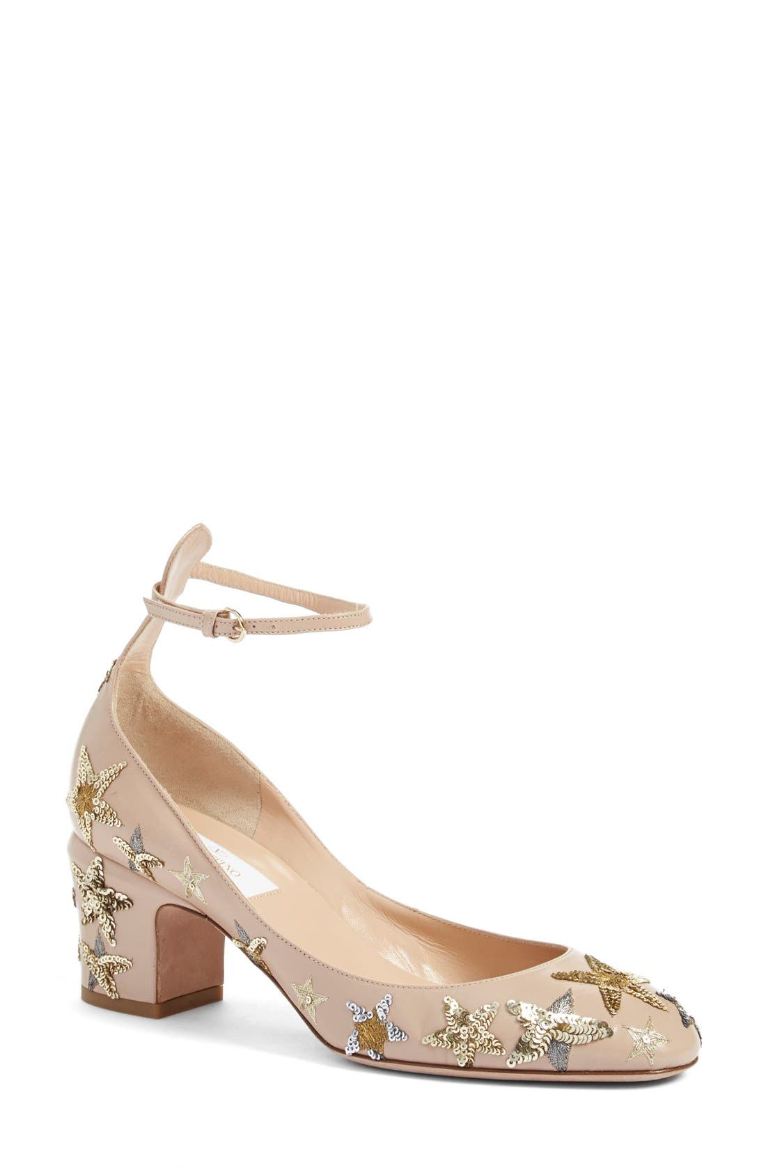 Valentino 'Tango' Star Studded Ankle Strap Pump, Main, color, BEIGE LEATHER