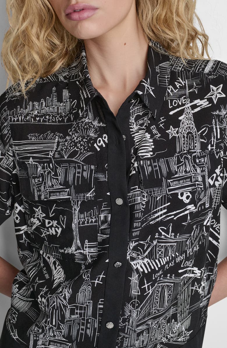 DKNY Print Short Sleeve Button-Up Shirt, Alternate, color, New York Toile Black