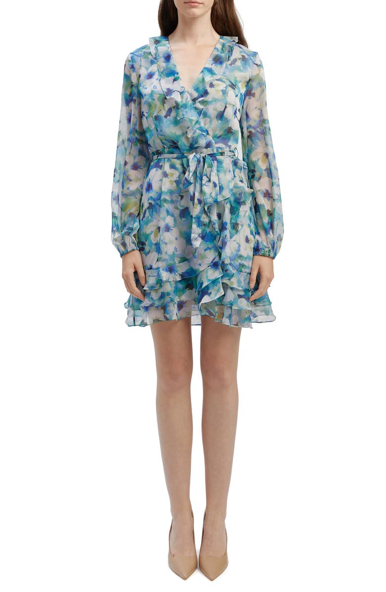 Bardot Ruffle Long Sleeve Faux Wrap Chiffon Minidress, Main, color, Blue Floral