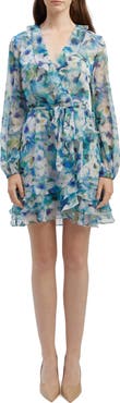 Bardot Ruffle Long Sleeve Faux Wrap Chiffon Minidress