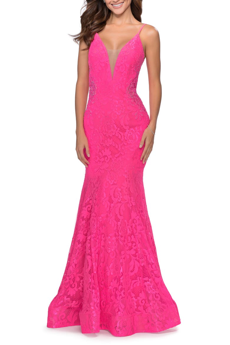 Long Mermaid Lace Dress with Back Rhinestone Detail, Main, color, NEON PINK
