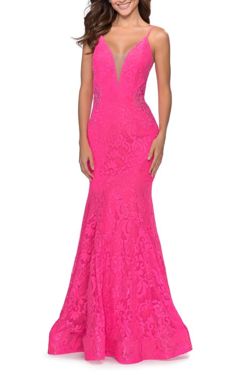 Long Mermaid Lace Dress with Back Rhinestone Detail