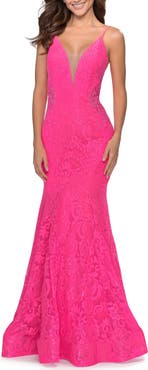La Femme Long Mermaid Lace Dress with Back Rhinestone Detail