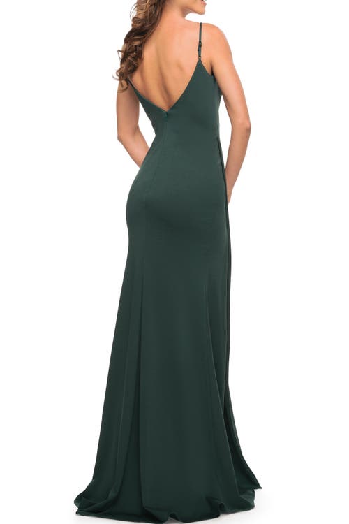 La Femme Simple Thick Jersey Gown With High Skirt Slit In Emerald
