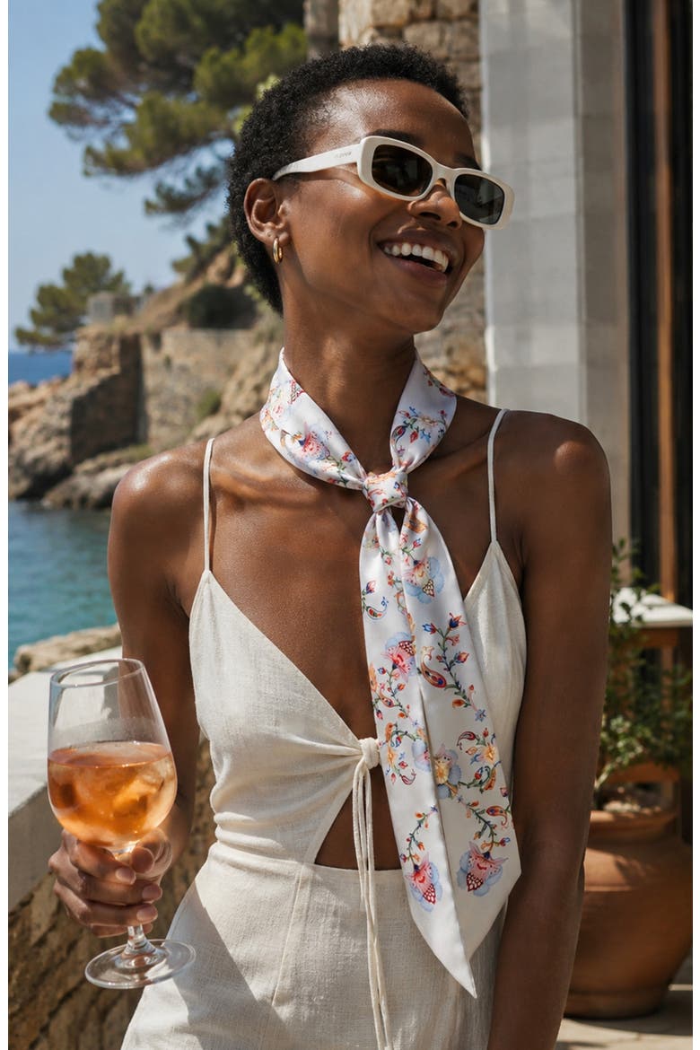 Silk Skinny Scarf Dawn Garden, Alternate, color, White