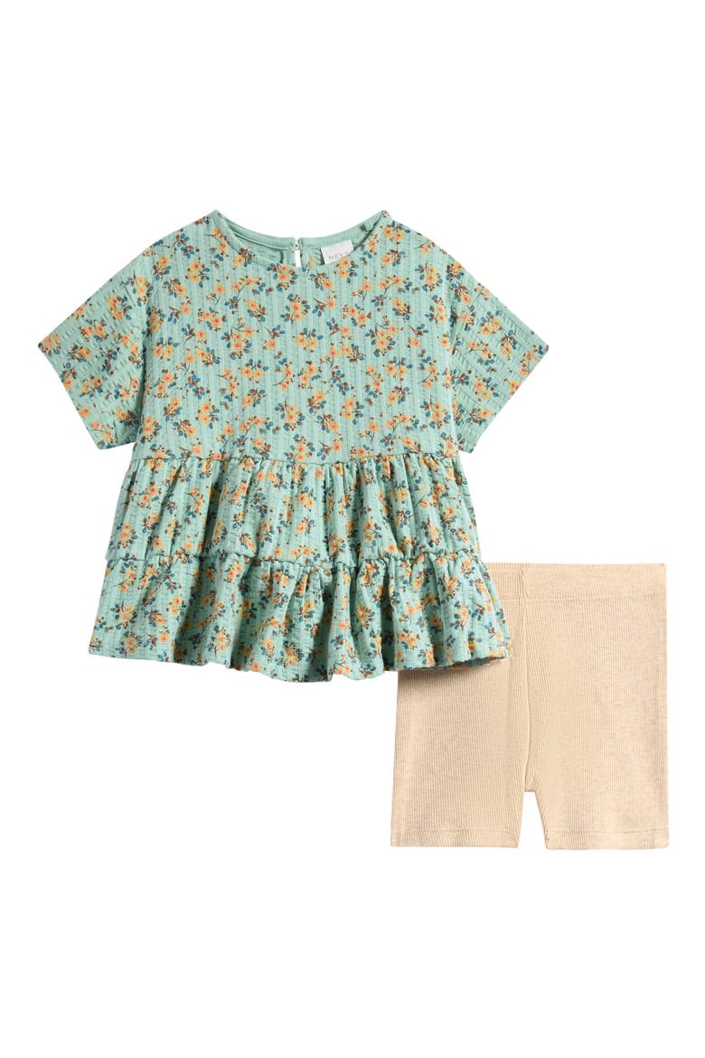 Floral Peplum Top & Cycle Shorts Set, Main, color, BLUE
