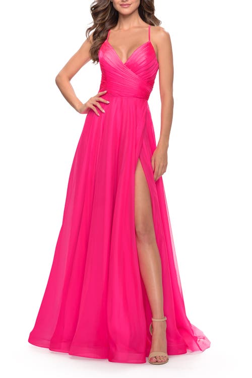 La Femme Chiffon Prom Dress With Ruched Bodice And Slit
