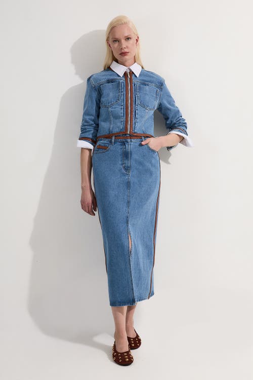 Karen Millen Denim & Leather Collarless Jacket In Blue