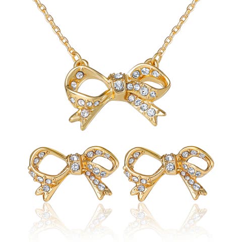 Pavé Bow Necklace & Stud Earring Set, Gold-Tone
