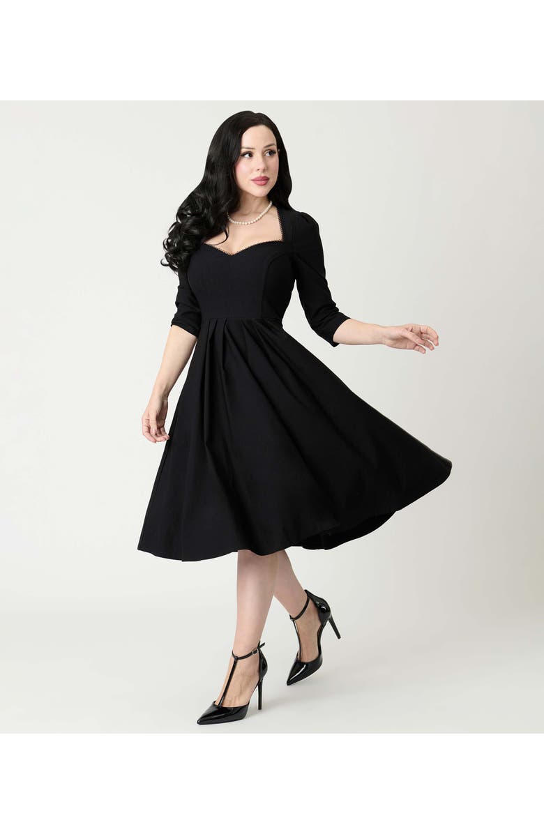 Unique Vintage Sweetheart Swing Dress, Main, color, Black Pleated