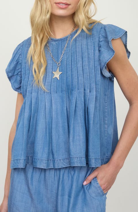 Ruffle Cap Sleeve Chambray Babydoll Top