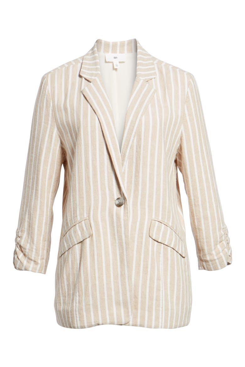 Cinch Sleeve Blazer, Alternate, color, TAN NOMAD ELLA LINEN STRIPE