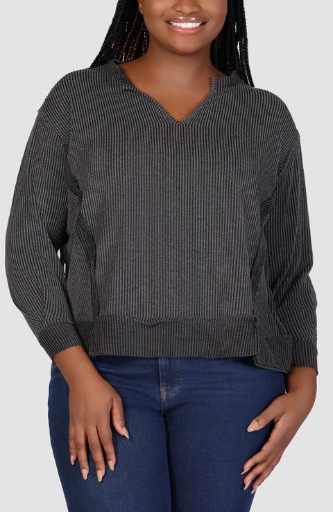 Textured Stripe Split Neck Sweatshirt (Plus)