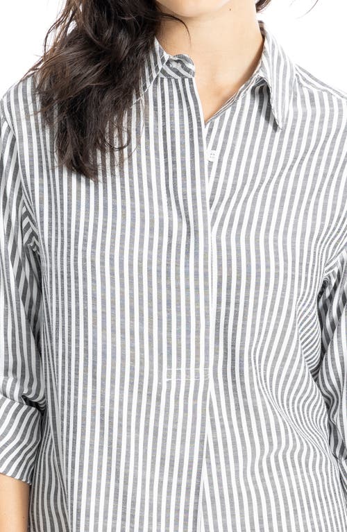 Max Studio Stripe Oversize Long Sleeve Button-up Tunic In Black Framed Stripe