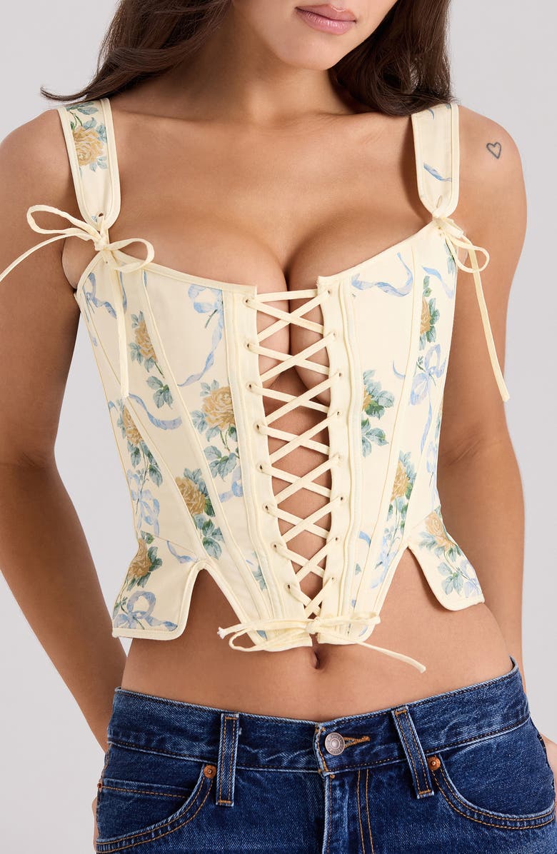 HOUSE OF CB Callie Reversible Stretch Pima Cotton Corset Top, Alternate, color, Yellow Rose Print