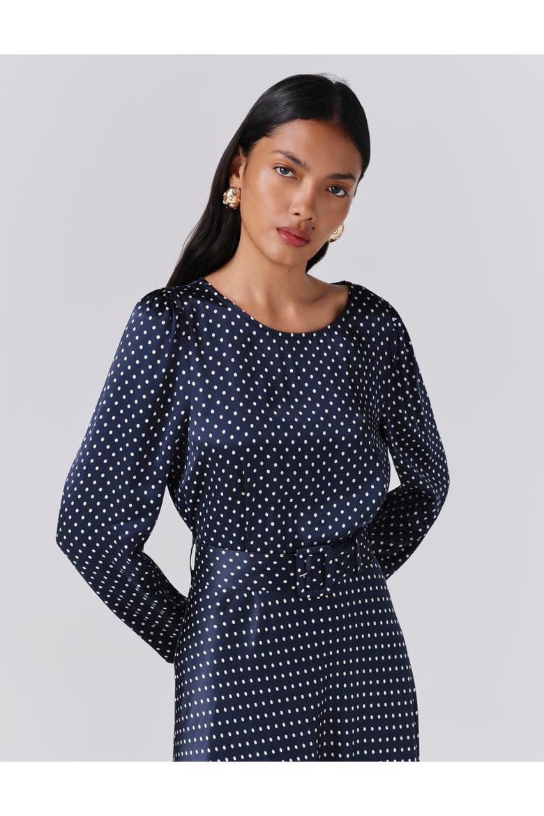 Sophia Polka Dot Belted Midi Dress, Alternate, color, Navy Spot